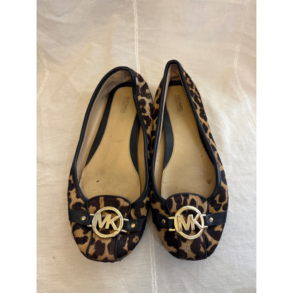 Michael Kors Fulton Leopard Haircalf Ballet Flats MK Logo Medallion Brown